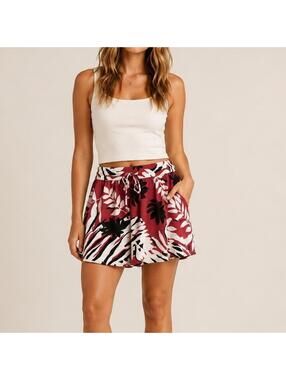 Roxy Rayon Tropical Floral Mini Skirt XL Red White Black Beach Boho Drawstring